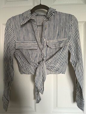 Zara White Shirt with Navy Stripes Tie-Front